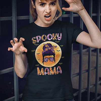 Alternative view of Spooky Mama Messy Bun Funny Halloween T-Shirt - V-Neck Shirt