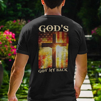 Alternative view of God's Got My Back American Flag Print On Back Only T-Shirt - V-Neck Shirt