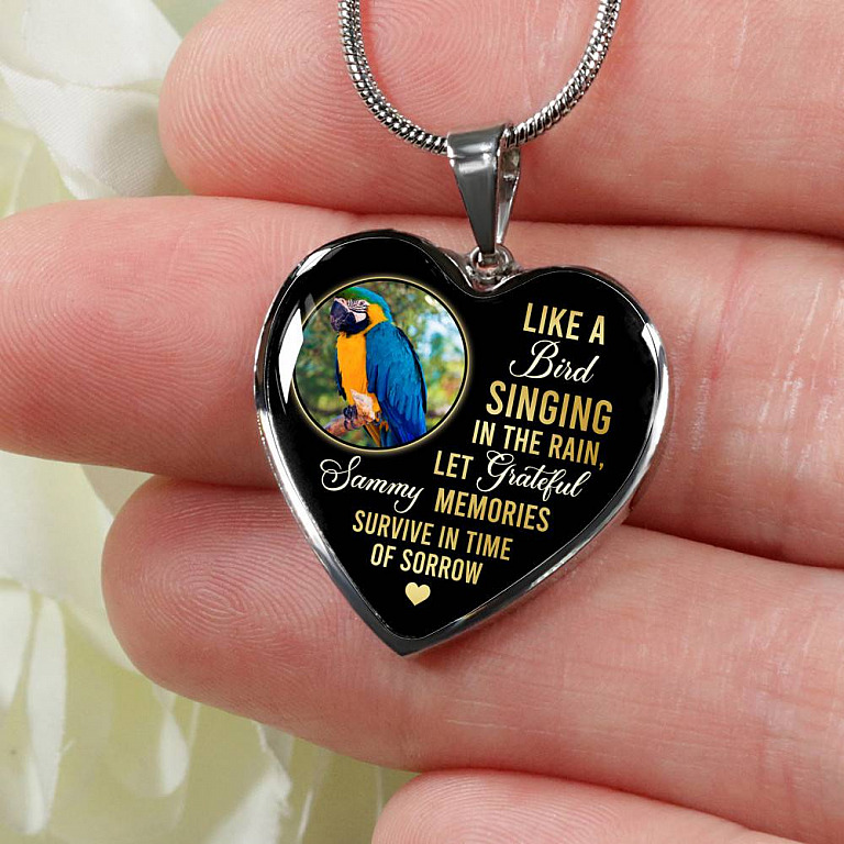 Personalized Parrot Photo Like A Bird Singing In The Rain Heart Pendant Necklace - Memorial Pet Custom Photo Gift