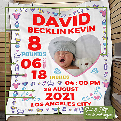 Personalized Baby Photo Newborn with Birth Information Fleece Blanket - Mink Sherpa Blanket - Woven Blanket