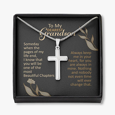 To My Dearest Grandson Someday When The Pages Of My Life End Artisan Crafted Cross Necklace-Grandson Necklace Gift - Artisan Crafted Cross Necklace