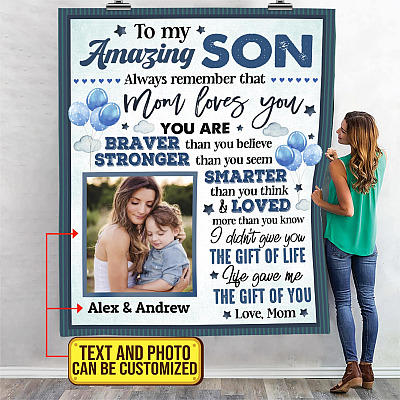 Alternative view of Personalized Photo To My Amazing Son Always Remember That Mom Loves You Fleece Blanket - Mink Sherpa Blanket