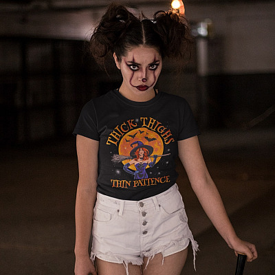 Alternative view of Thick Thighs Thin Patience Funny Halloween T-Shirt - V-Neck Shirt - Witch Shirt for Women