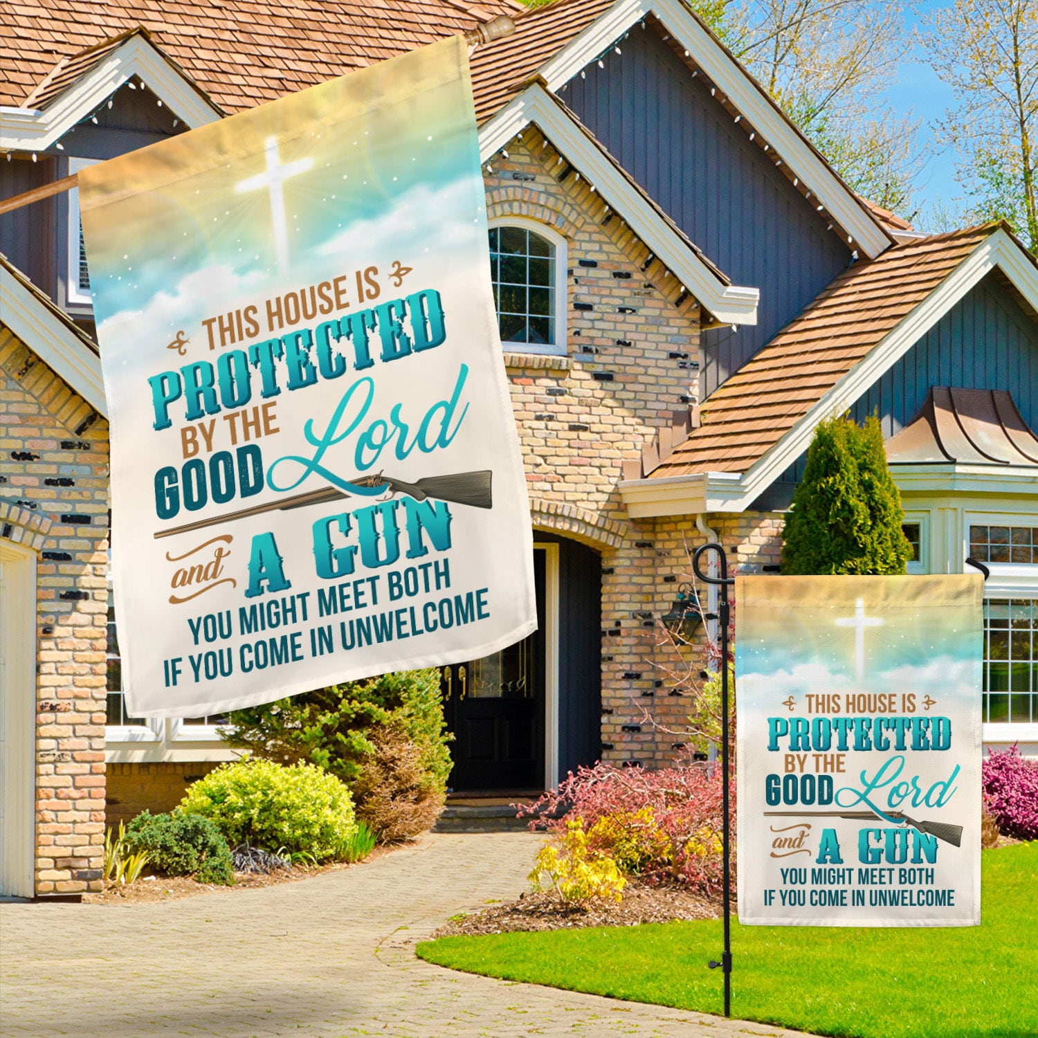 8MH. Good Lord Gun 30x40 Garden & House Mockup 3fx