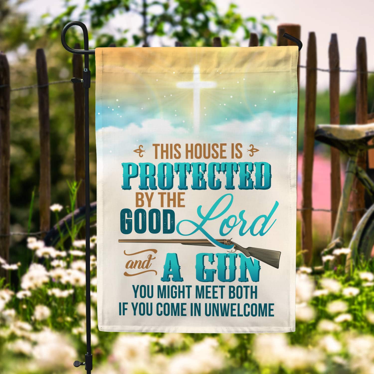 8MH. Good Lord Gun 30x40 Garden Flag Mockup 6