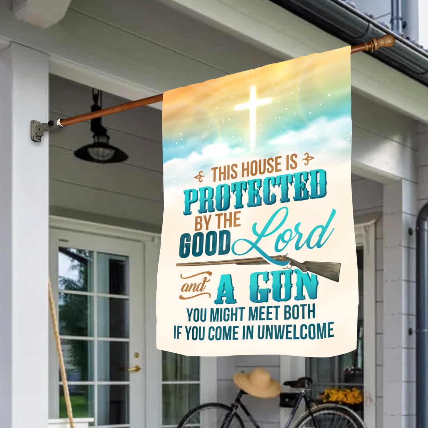 8MH. Good Lord Gun 30x40 House Flag Mockup 1