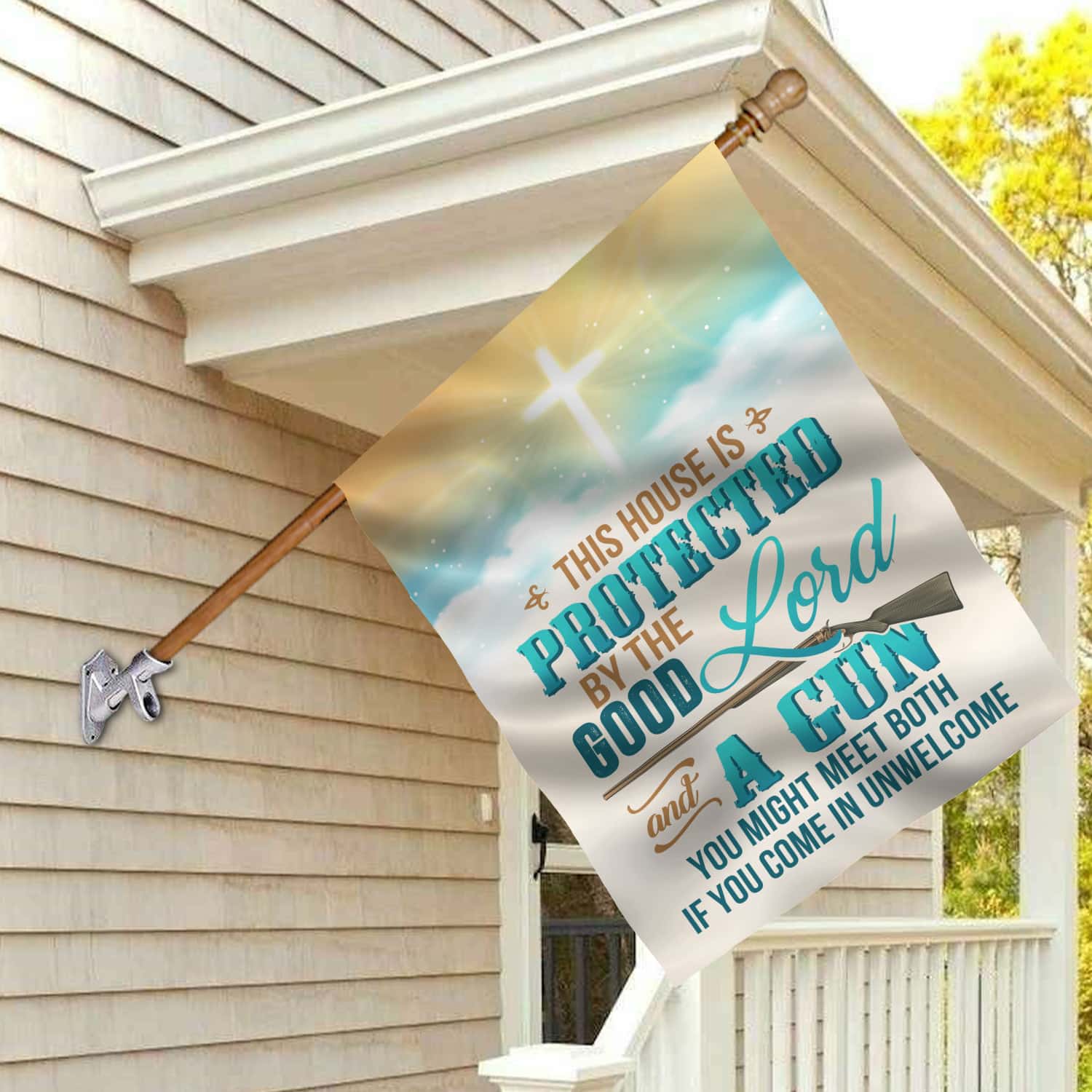 8MH. Good Lord Gun 30x40 House Flag Mockup 2