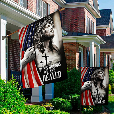 Alternative view of By His Wounds We Are Healed Jesus American Decorative Garden Flag - Indoor Outdoor Flag - House Flag