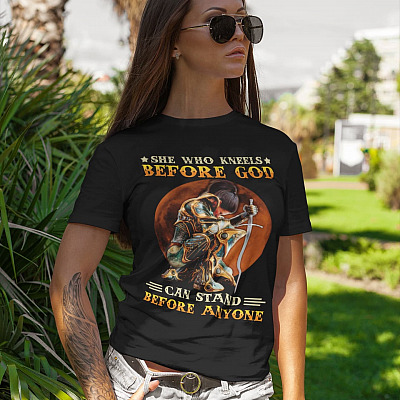 Alternative view of She Who Kneels Before God Can Stand Before Anyone T-Shirt - V-Neck Shirt - Knights Templar Shirt for Women