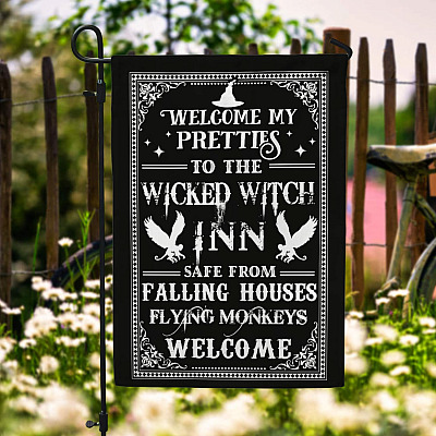 Welcome To Pretties To The Wicked Witch Inn Safe From Falling House Funny Halloween Outdoor Flag - Home Garden Flag