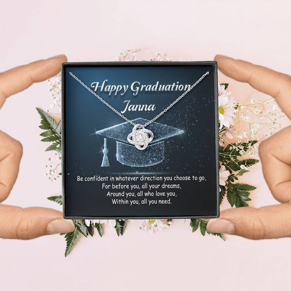 Personalized Name Happy Graduation Be Confident In Whatever Direction You Choose Love Knot Pendant Necklace