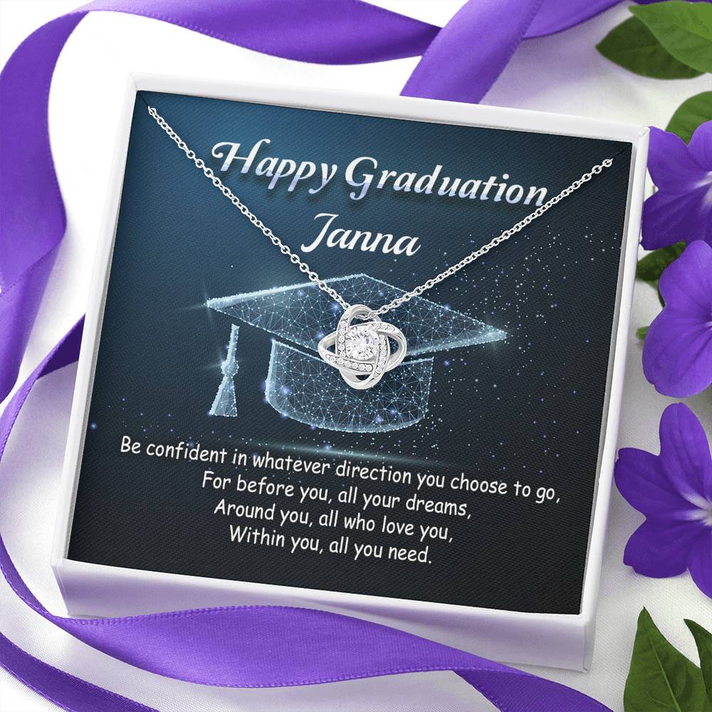 Personalized Name Happy Graduation Be Confident In Whatever Direction You Choose Love Knot Pendant Necklace