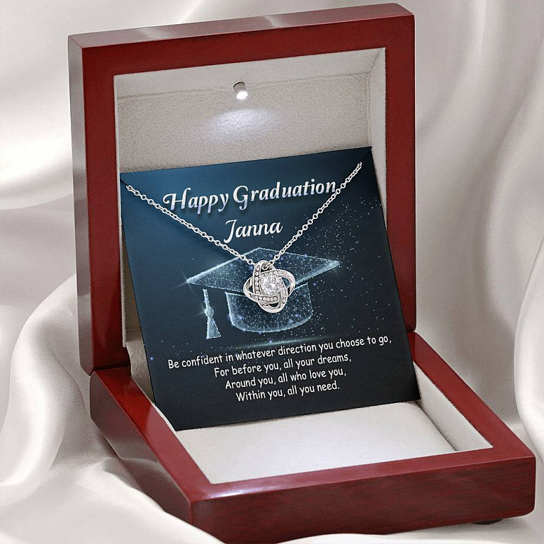 Personalized Name Happy Graduation Be Confident In Whatever Direction You Choose Love Knot Pendant Necklace