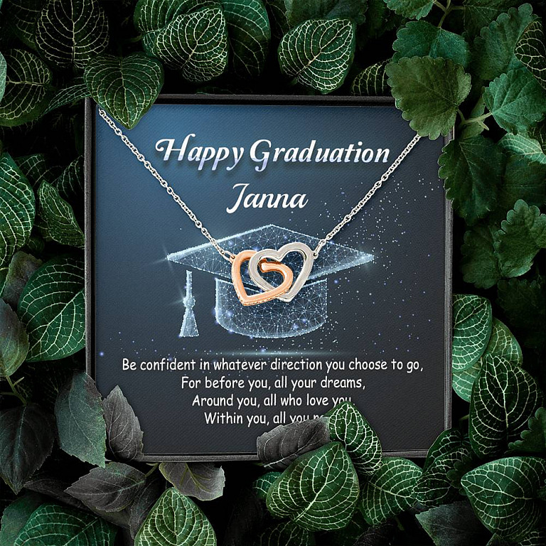 Personalized Name Happy Graduation Be Confident In Whatever Direction Interlocking Hearts Pendant Necklace