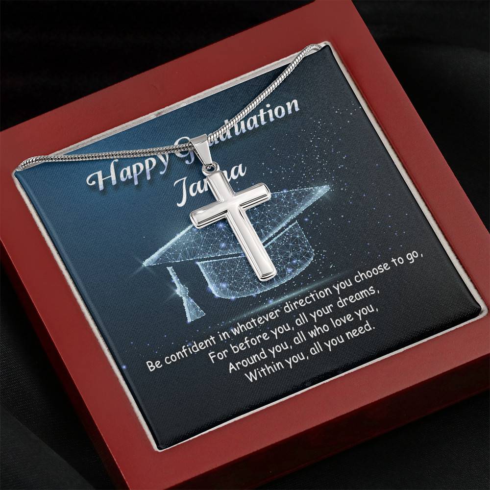 Personalized Name Happy Graduation Be Confident In Whatever Direction Cross Pendant Necklace