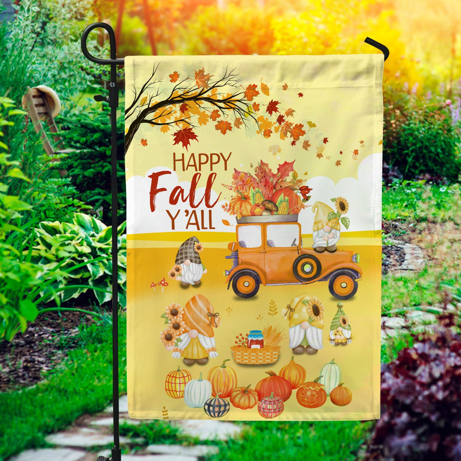 3KNG. Happy Fall Yall 30x40 Garden Flag Mockup 1