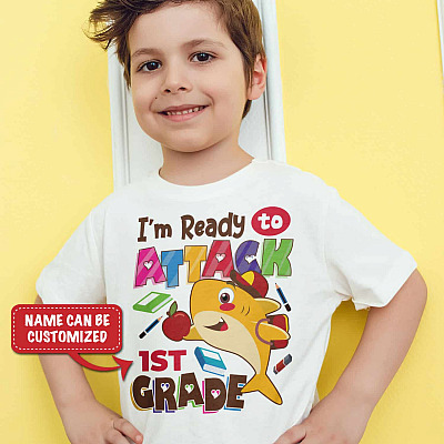 Personalized Name I'm Ready to Attack Cute Shark T-Shirt - Funny Back to School Youth Tee