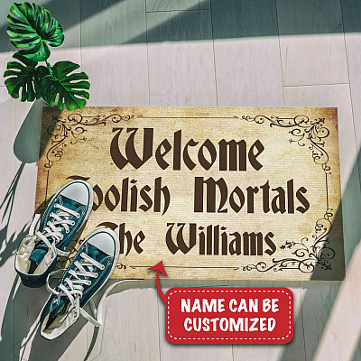 Alternative view of Personalized Welcome Foolish Mortals Indoor Outdoor Doormat - Haunted House Doormat