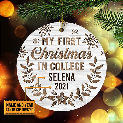 Personalized Name and Date First Christmas in College Decorative Christmas Ornament Keepsake - Flat Circle Ornament