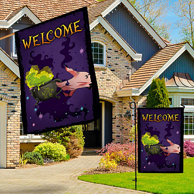 Alternative view of Halloween Welcome The Witch Is In Witch's Brew Serving Cauldron Flag - Garden Flag - House Flag