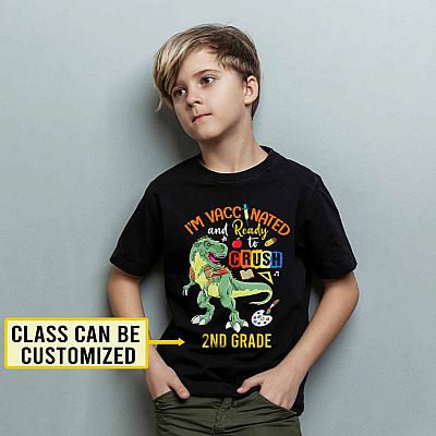 Personalized Name I'm Vaccinated and Ready to Crush T Rex T-Shirt - Funny Back to School Youth Tee