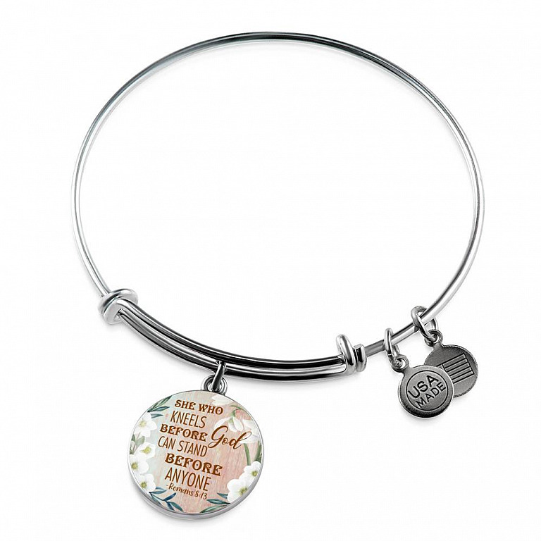 She Who Kneels Before God Can Stand Before Anyone Romans 8:31 Circle Pendant Necklace