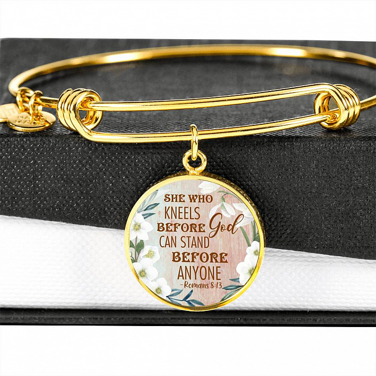 She Who Kneels Before God Can Stand Before Anyone Romans 8:31 Circle Pendant Necklace