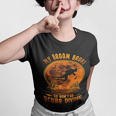 Alternative view of My Broom Broke So Now I Go Scuba Diving Funny Halloween T-Shirt - V-Neck Shirt