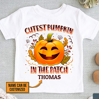 Cutest Pumpkin In The Patch Personalized Baby's Name Youth T-Shirt - Halloween Thanksgiving Shirt for Kids