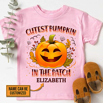 Alternative view of Cutest Pumpkin In The Patch Personalized Baby's Name Youth T-Shirt - Halloween Thanksgiving Shirt for Kids