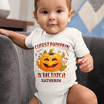 Alternative view of Cutest Pumpkin In The Patch Personalized Baby's Name Baby Onesie - Halloween Thanksgiving Toddlers Bodysuit