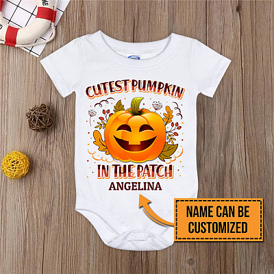 Cutest Pumpkin In The Patch Personalized Baby's Name Baby Onesie - Halloween Thanksgiving Toddlers Bodysuit