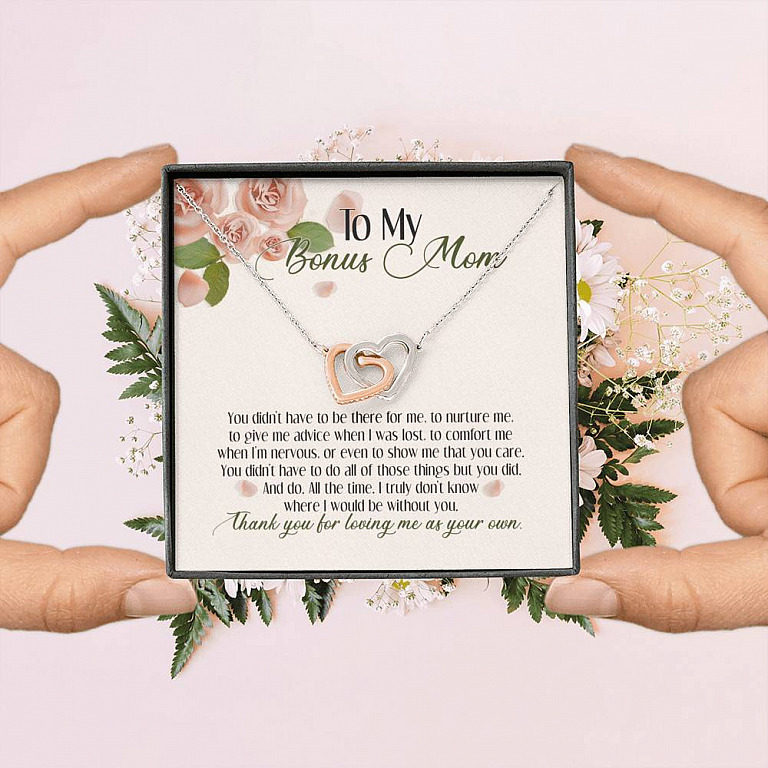 To My Bonus Mom Thank You For Loving Me As Your Own Interlocking Hearts Pendant Necklace - Step Mom Gifts