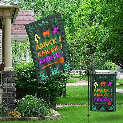 Alternative view of Halloween Hocus Pocus Amuck Outdoor Indoor Decorative Garden Flag - House Flag - Wall Flag - Witch Broom Flag