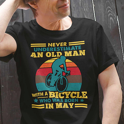 Alternative view of Never Underestimate And Old Man With A Bicycle Who Was Born In May Vintage Retro Riding T-Shirt for Men