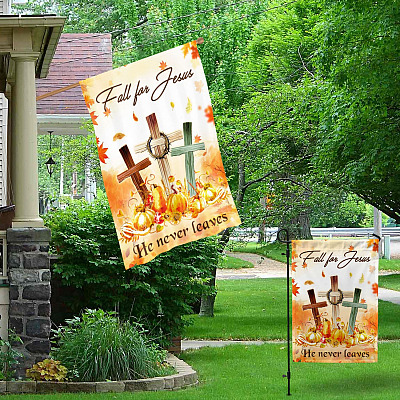 Alternative view of Fall For Jesus For He Never Leaves Garden Flag - House Flag - Thanksgiving Flag
