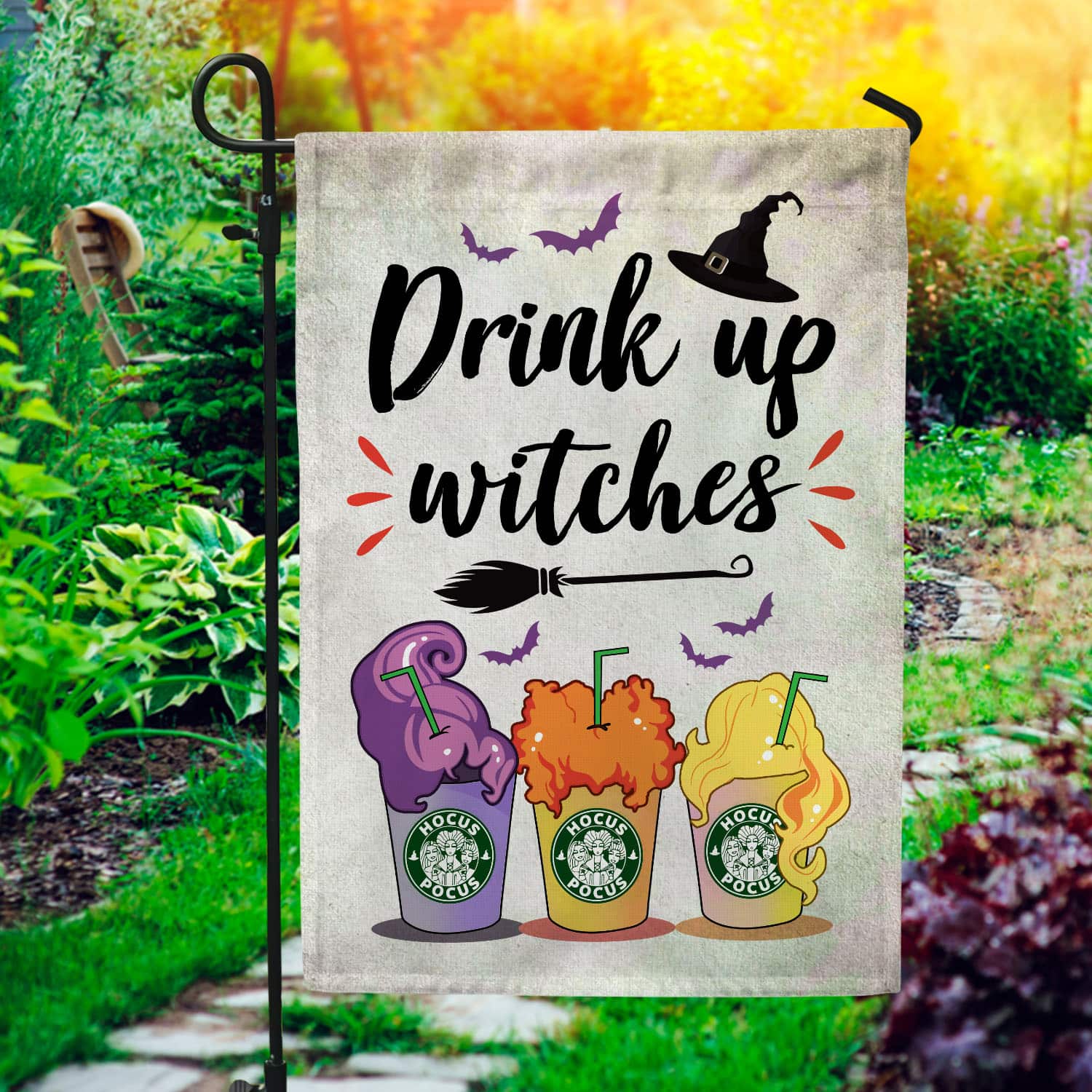 2BN. Drink Up Witches 30x40 Garden Flag Mockup 1