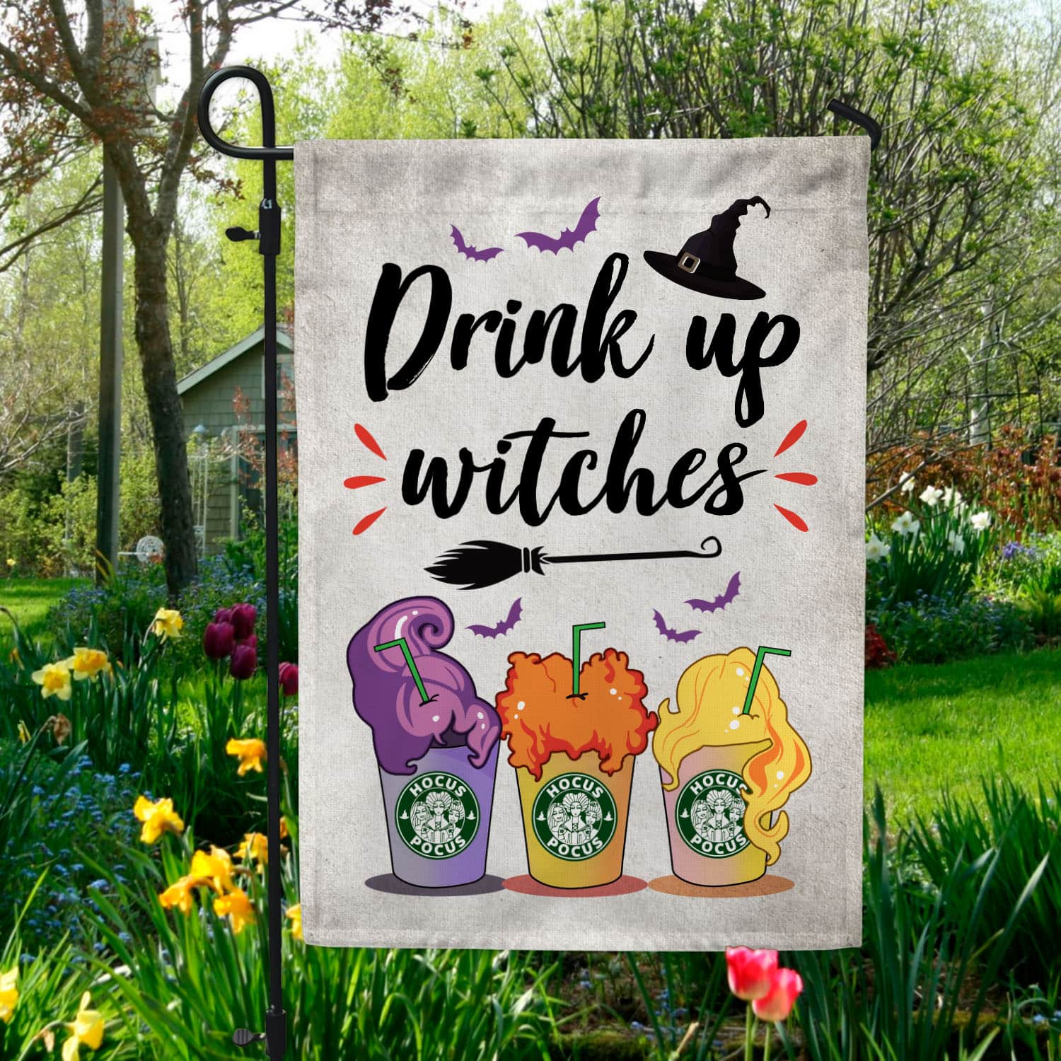 2BN. Drink Up Witches 30x40 Garden Flag Mockup 5