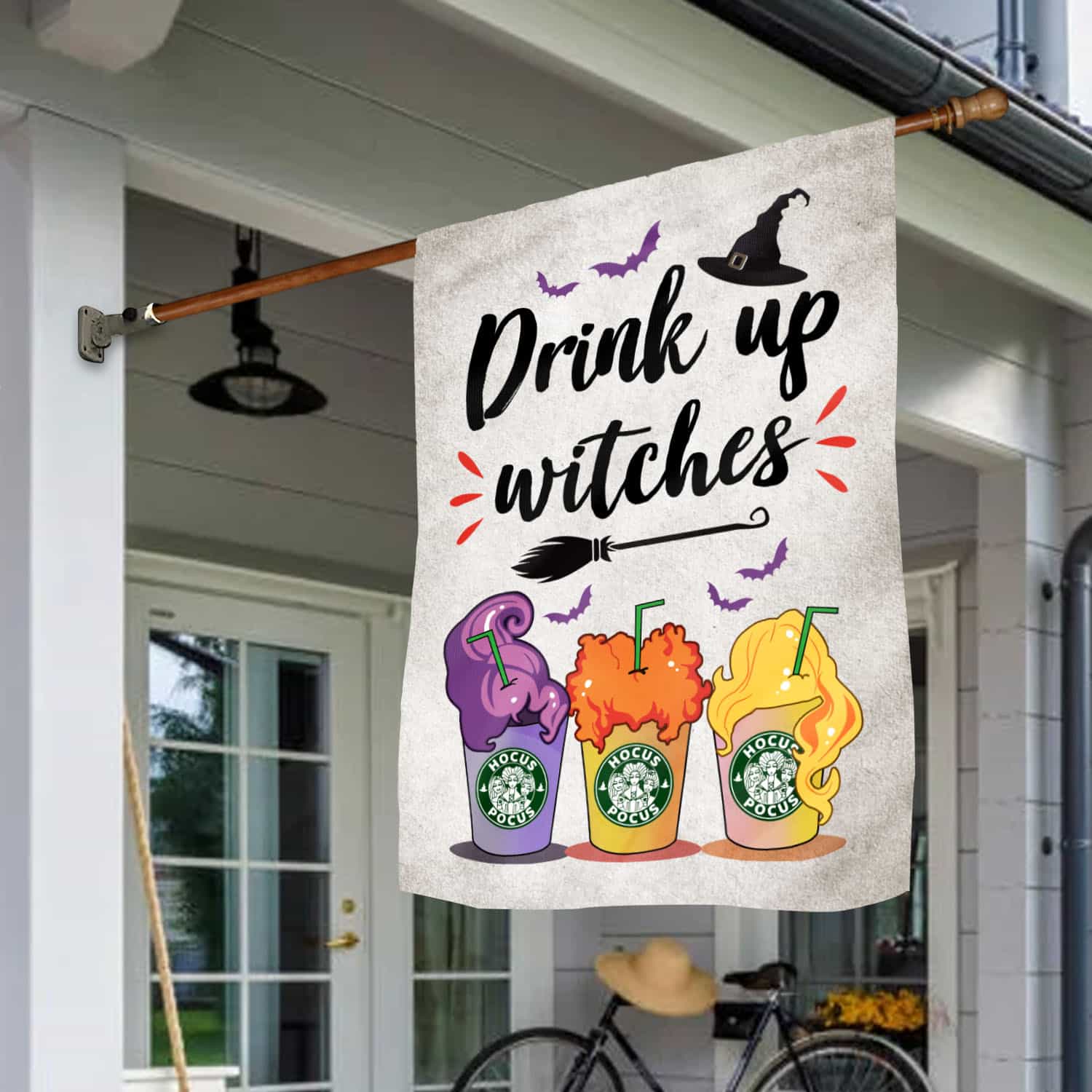 2BN. Drink Up Witches 30x40 House Flag Mockup 1