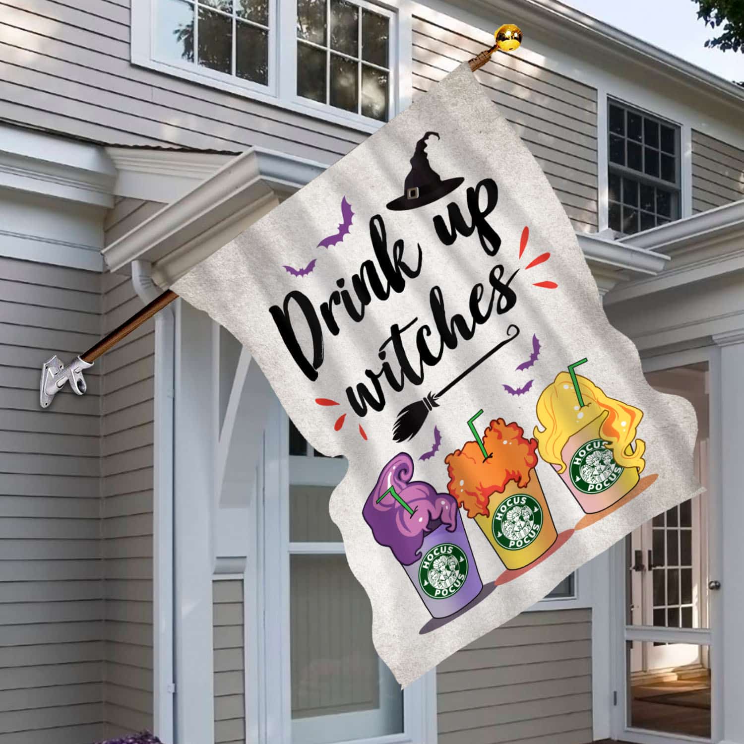 2BN. Drink Up Witches 30x40 House Flag Mockup 6
