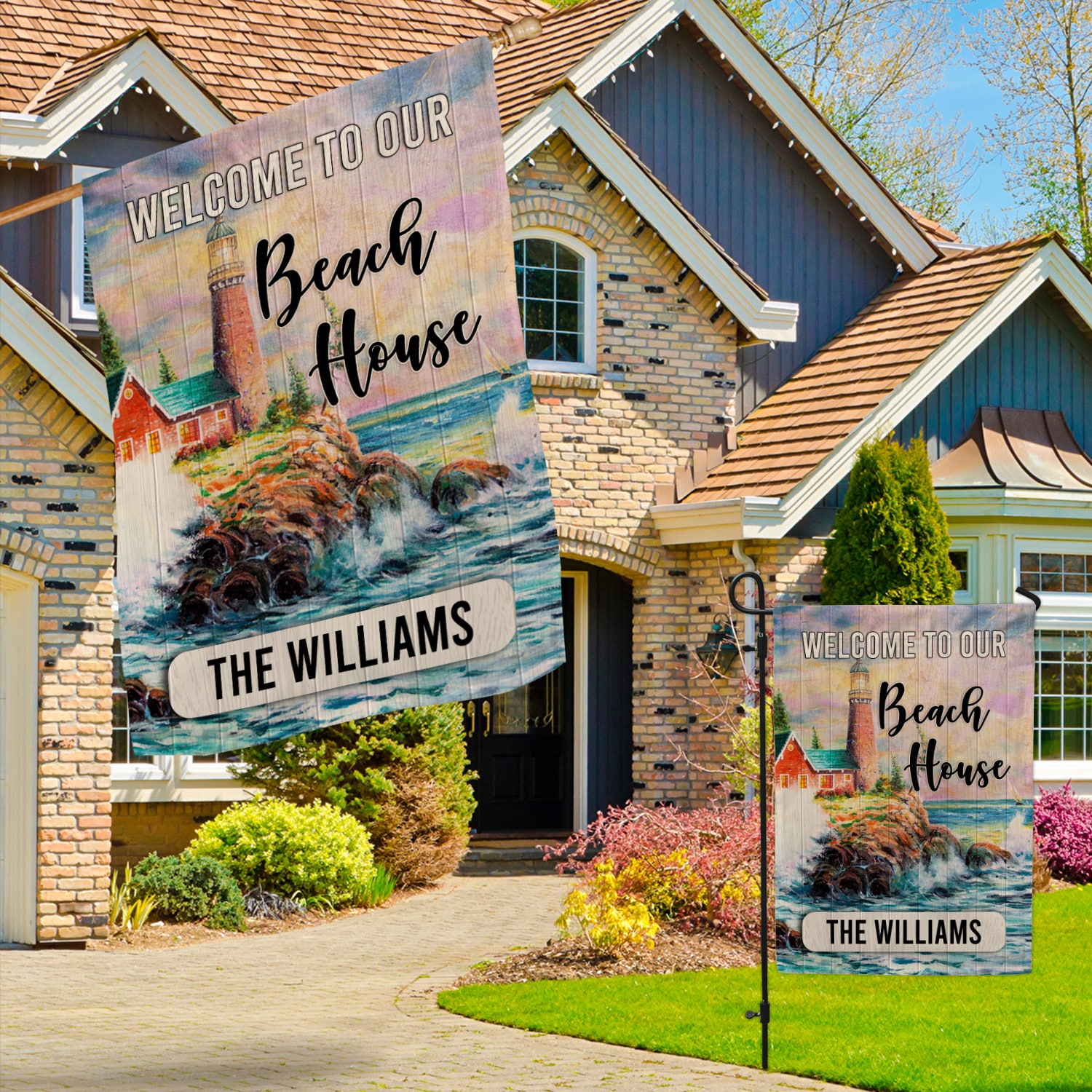 7LV. Our Beach House Flag (Sample Design) Garden & House Mockup 3