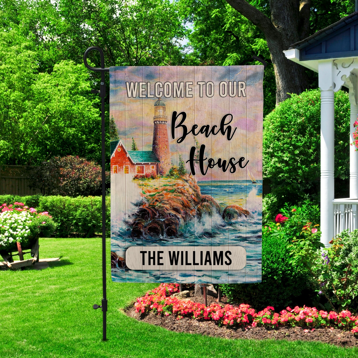 7LV. Our Beach House Flag (Sample Design) Garden Flag Mockup 2
