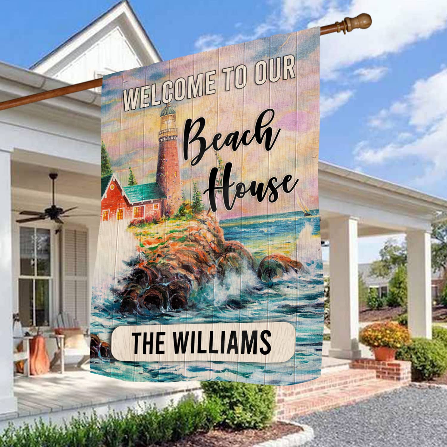 7LV. Our Beach House Flag (Sample Design) House Flag Mockup 3
