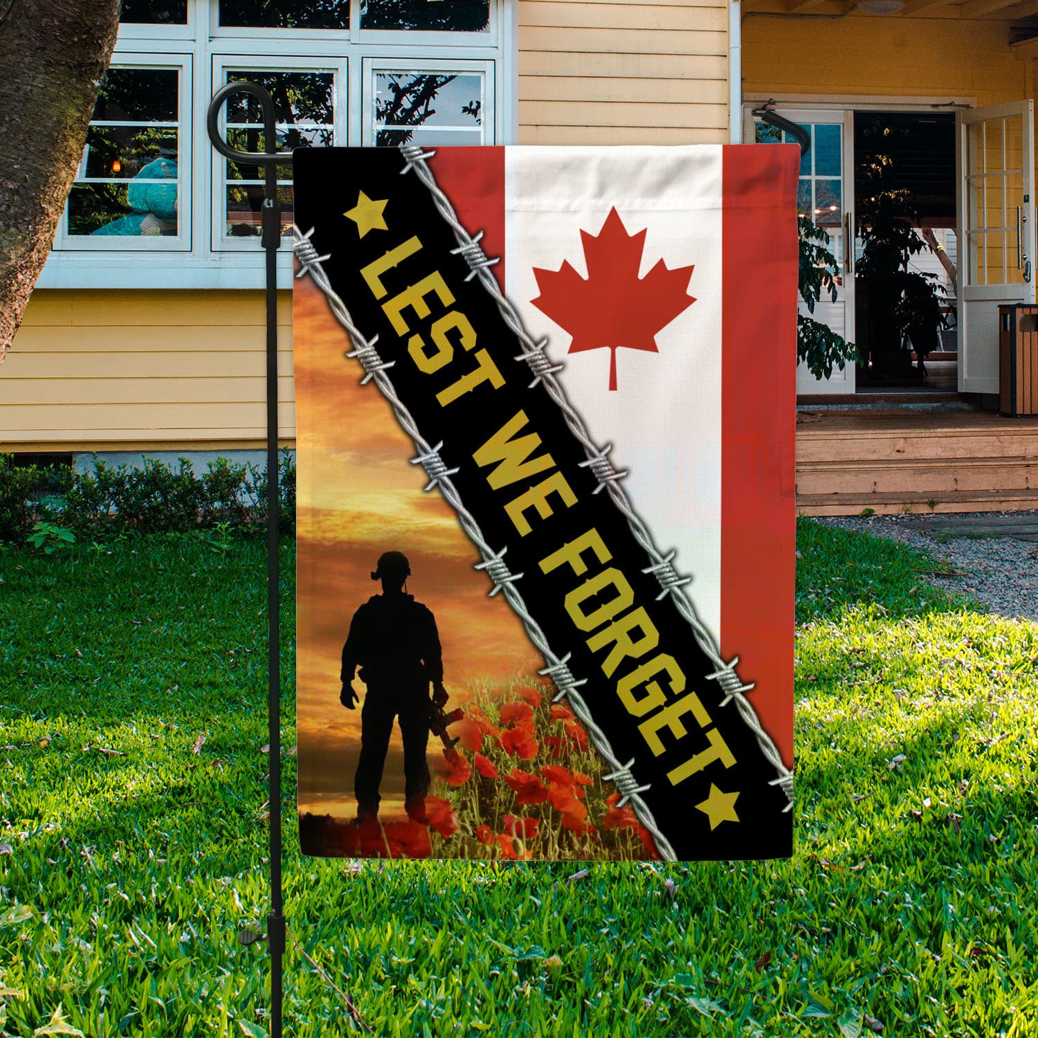 3VT. Lest We Forget Garden Flag Mockup 3