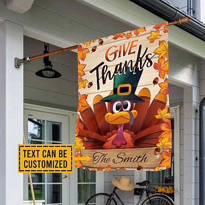 Personalized Family Name Give Thanks Cute Turkey Garden Flag - Thanksgiving House Flag
