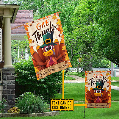 Alternative view of Personalized Family Name Give Thanks Cute Turkey Garden Flag - Thanksgiving House Flag