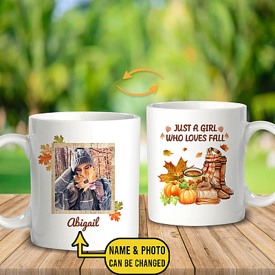 Personalized Custom Photo Just A Girl Who Loves Fall Coffee Mug - Custom Autumn Fall Travel Bottle