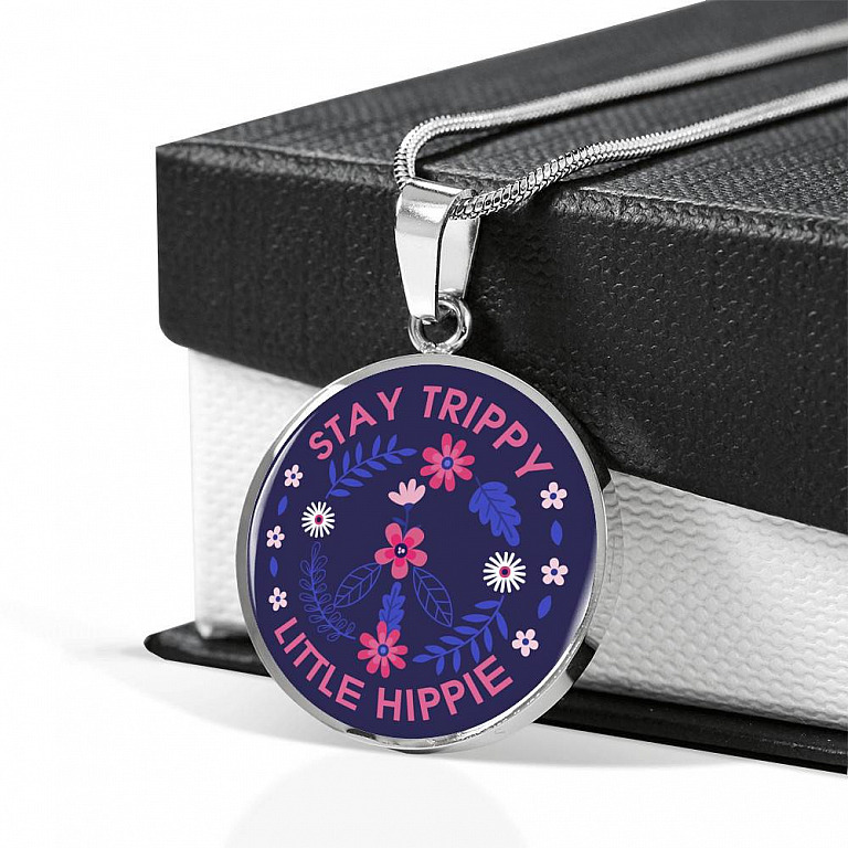 Stay Trippie Little Hippie Peace Sign Floral Circle Pendant Necklace