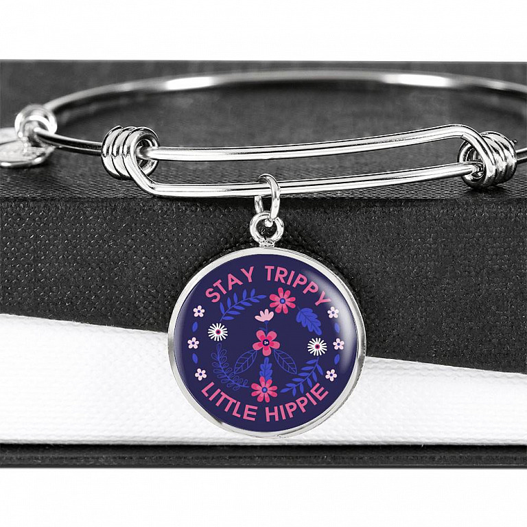 Stay Trippie Little Hippie Peace Sign Floral Circle Pendant Necklace