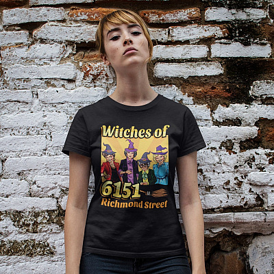 Alternative view of Witches Of 6151 Richmond Street Funny Golden Halloween T-Shirt - V-Neck Shirt